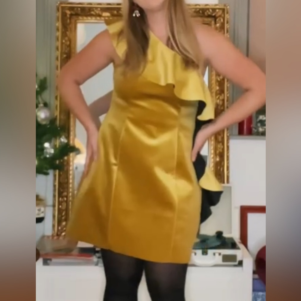 Gold Velvet One Shoulder Ruffle Dress
